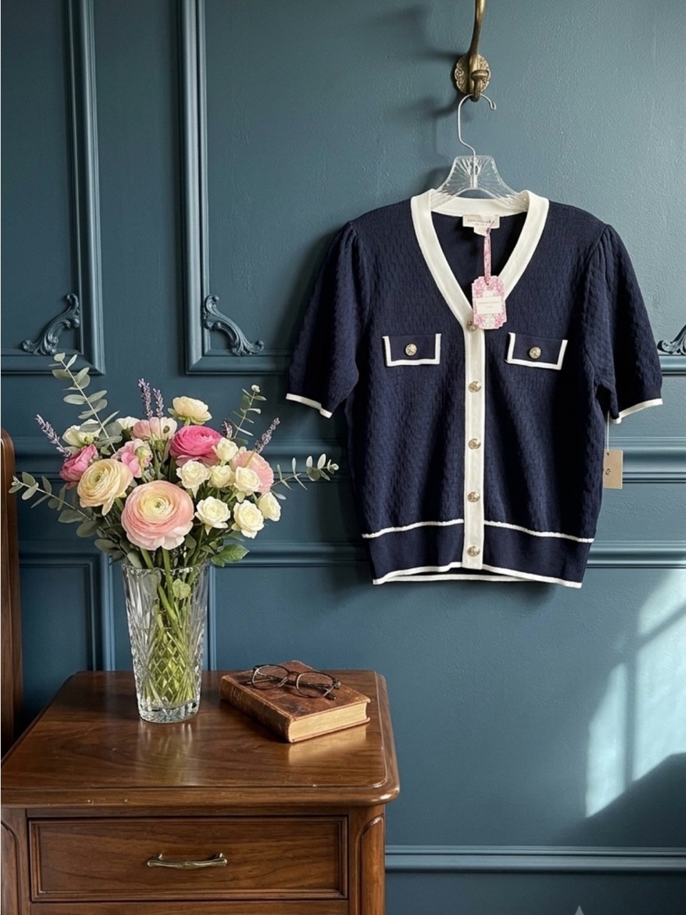 Nanette Lepore Navy Cardigan with Cream Trim